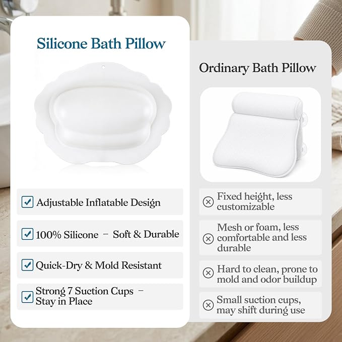 Bath Pillow for Tub, Inflatable Silicone Bathtub Pillow for Head & Neck Support, Adjustable 0-2.3" Height, 7 Strong Suction Cups, Waterproof, Quick-Drying, Luxury Spa Gifts (White)