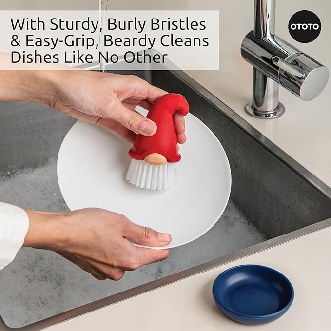 OTOTO Gnome Dish Brush with Handle - Cleaning Brush, Vegetable Brush, Dish Scrub, Gnome Handle, Unique Kitchen Gadgets, Funny Kitchen Tools, Useful Gifts for Women (Beardy Red)