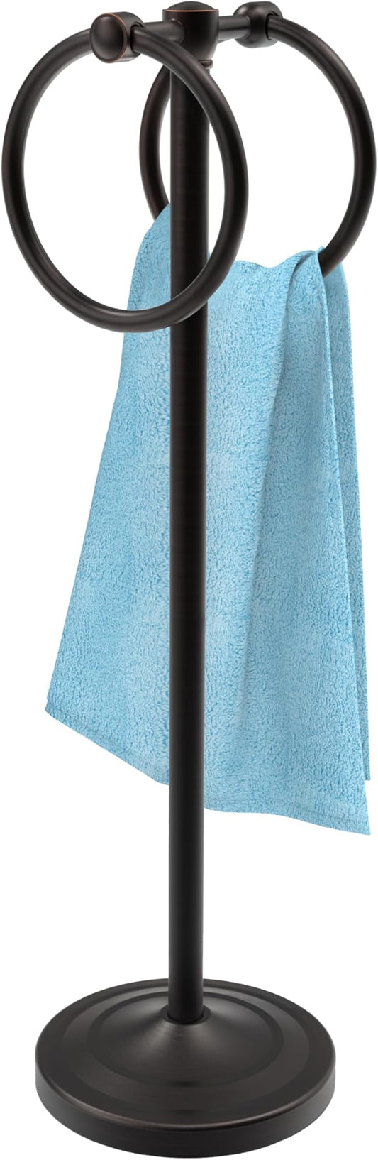 18" Hand Towel Holder Stand, Stainless Steel Free Standing Towel Rack Bar,Double Ring Towel Hanger with Weighted Base, Towel Hardware for Bathroom Vanity Kitchen Countertops(Oil Rubbed Bronze)