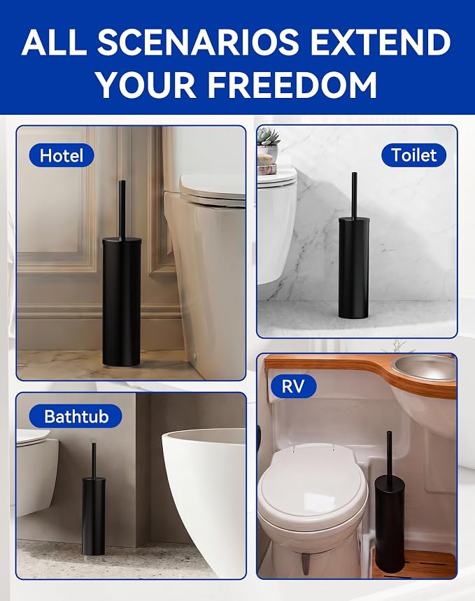 Dowry Toilet Bowl Brush and Holder for Bathroom, Deep Cleaning Toilet Brush and Holder Set with Long Handle, Hidden Toilet Bowl Scrubber with Replaceable Head,Modern Decor Black Round