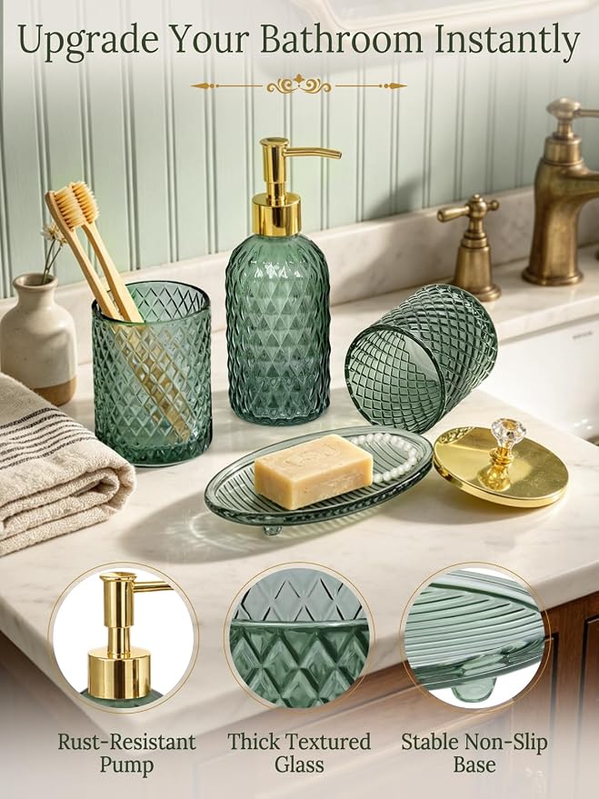 Haturi Glass Bathroom Accessories Set, Sage Green Bathroom Set, 4 Pcs | Kit w/ Bathroom Soap Dispenser Set, Toothbrush Holder, Qtip Holder,Soap Dish, Green Bathroom Decor, Gift for Home Apartment