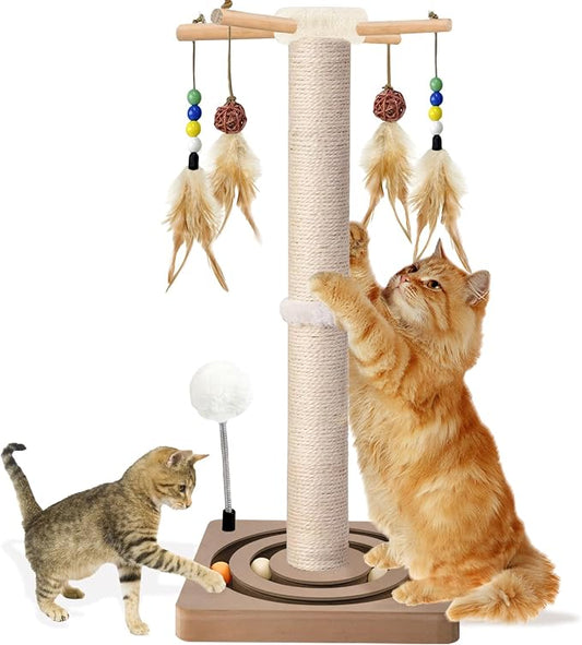 PAROTO Tall Cat Scratching Post, 33 Inch Sisal Cat Tree for Large Cats | Natural Sisal, 4 Hanging Toys, Spring Ball & Double Ball Track, 2 Mounting Methods, Wood Base, for Adult Indoor Cats