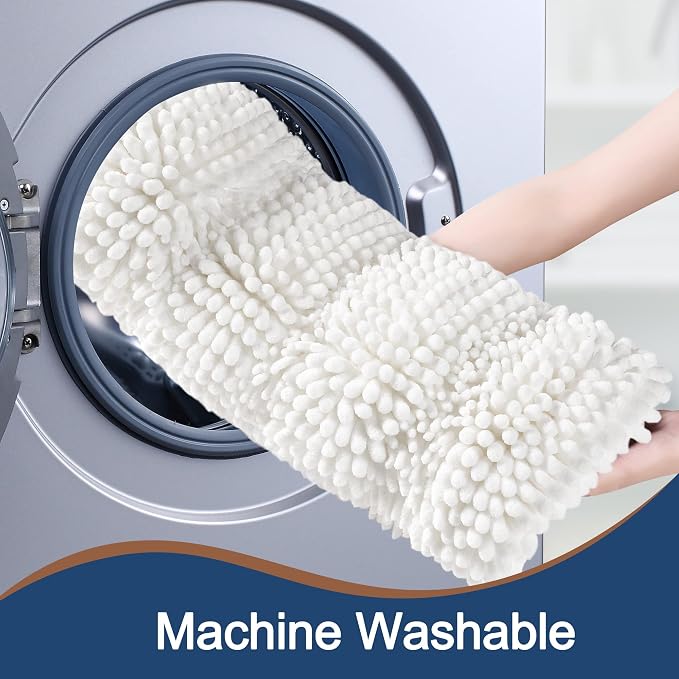 Non Slip Thick Shaggy Chenille Bathroom Rug Sets 2 Piece, Thickened Hot Melt Rubber Bottom Bath Mats for Bathroom, Bath Rugs Quick Dry Machine Washable for Shower (White, 47"x17" Plus 17"x24")
