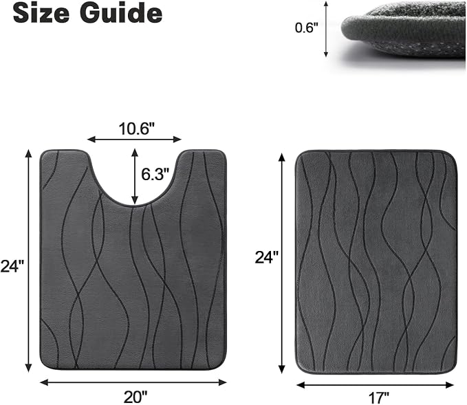 Bathroom Rugs Set 2 Piece, Memory Foam Bath Mat Dark Grey | U Shaped+Small Mat, Ultra Soft, Absorbent, Non-Slip, Machine Washable, for Bathroom, Sink and Toilet