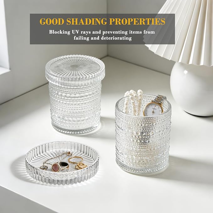 Flrolove Bathroom Organizers and Storage, 4 pcs Glass Qtip Holder | Clear Bathroom Accessories, Vanity Organizer for Cotton Rounds, Balls & Floss Picks, Qtips, Bathroom Canisters with Lids