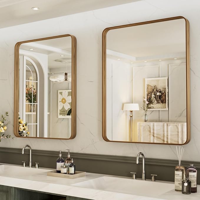 LOAAO 24X32 Inch Bathroom Mirror with Wood Grain Colored Metal Frame, Rounded Rectangle Metal Framed Bathroom Mirror, Anti-Rust, Hangs Horizontally or Vertically | Rounded Rectangle, Anti-Rust, Hangs Horizontally or Vertically