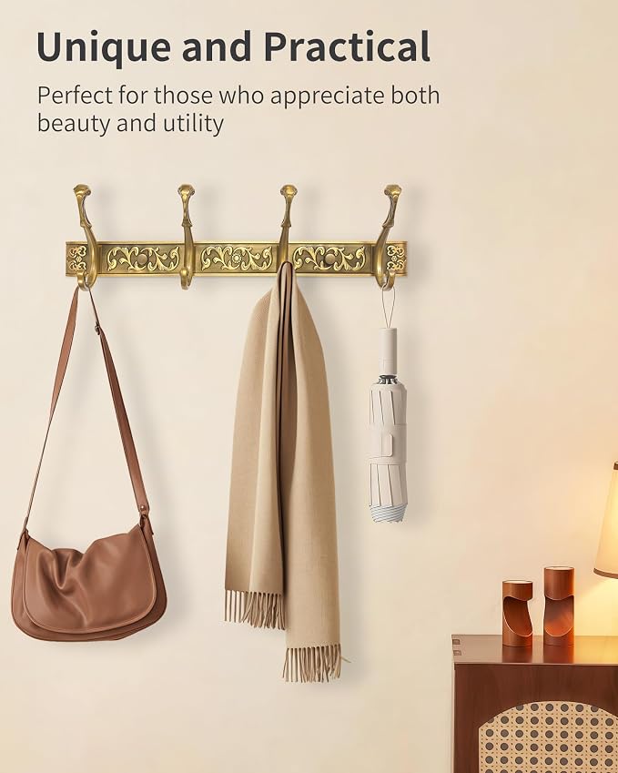 Vintage Coat Rack Wall Mount, Decorative Wall Coat Rack with 4 Hooks for Hanging Key Purse Hat Robe Towel Clothes Unique Hanger for Bathroom Shower Entryway Antique Brass 1 Pack
