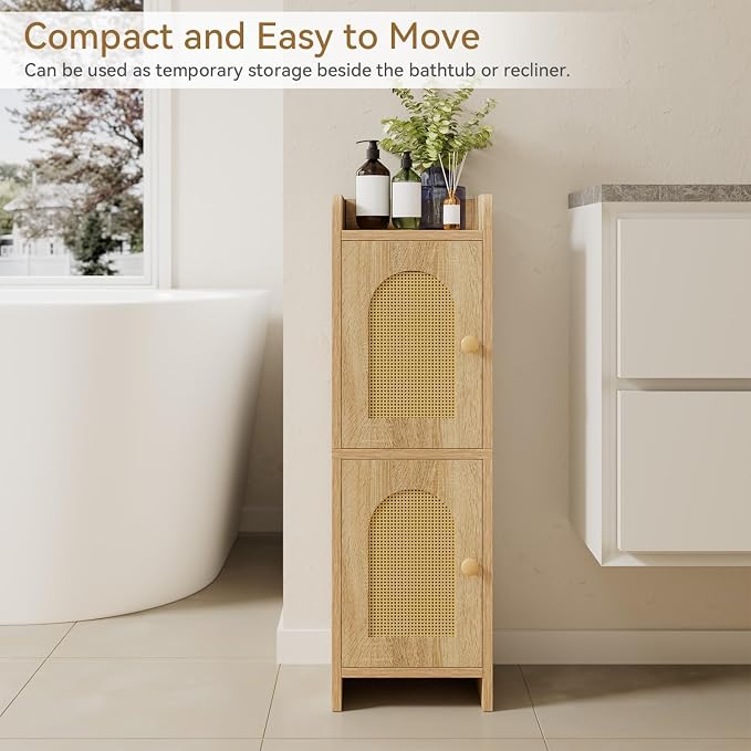 IBUYKE Small Bathroom Storage Cabinet with Rattan Door, Narrow Toilet Paper Storage Holder,Floor Cabinet with Adjustable Shelves, Space-Saving Organizer for Toiletries UWBS001N