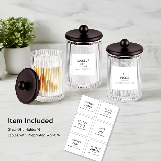 SheeChung 2 Pack Ribbed Glass Qtip Holder with Bronze Metal Lids | Apothecary Jars Bathroom Organizer Countertop Vanity Canister Set for Cotton Swabs, Rounds, Floss Picks-Modern Luxury Decor
