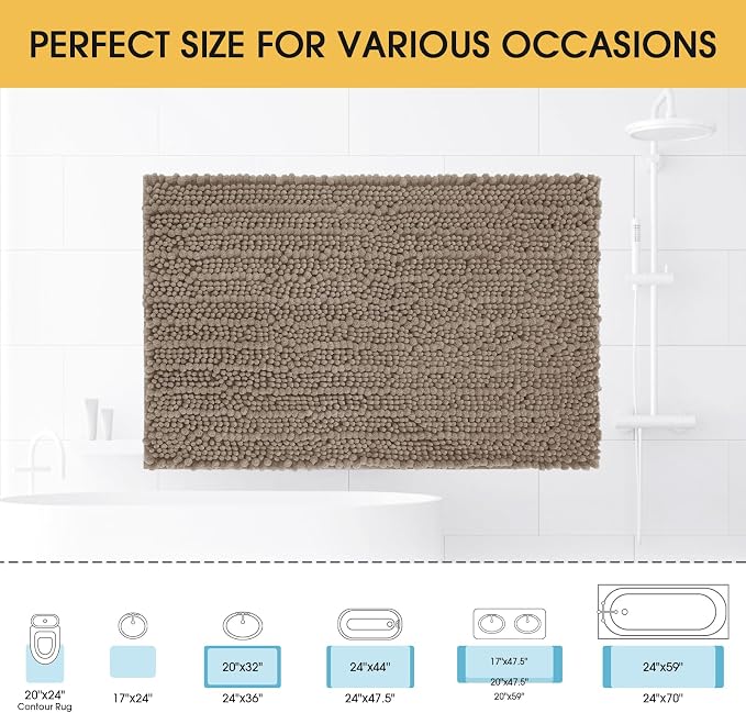 ACCUMTEK Upgrade Luxury Dark Beige Bathroom Rug Mat 59"x20", Ultra Soft Thick Absorbent Bath Mats, Non Slip Chenille Toilet Mat for Bathroom, Bedroom, Kitchen, Shower, Tub, Taupe