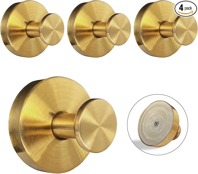 Suction Cup Hooks for Shower - 4 Pack, Gold - Stainless Steel, Strong Suction, No Drill, Removable Hanger, Tile Bathroom Kitchen Wall, Glass Door, Mirror Hook Hanging Robe, Towel Holder