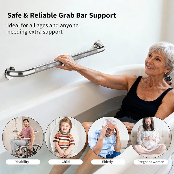 Chrome Bathroom Grab Bars 32 Inch, iHansee Anti Slip Grab Bar w/Knurled Grip, Stainless Steel Safety Handle for Bathtub, Wall Mounted Balance Support Handrail, Handicap Shower Bars for Senior Elderly