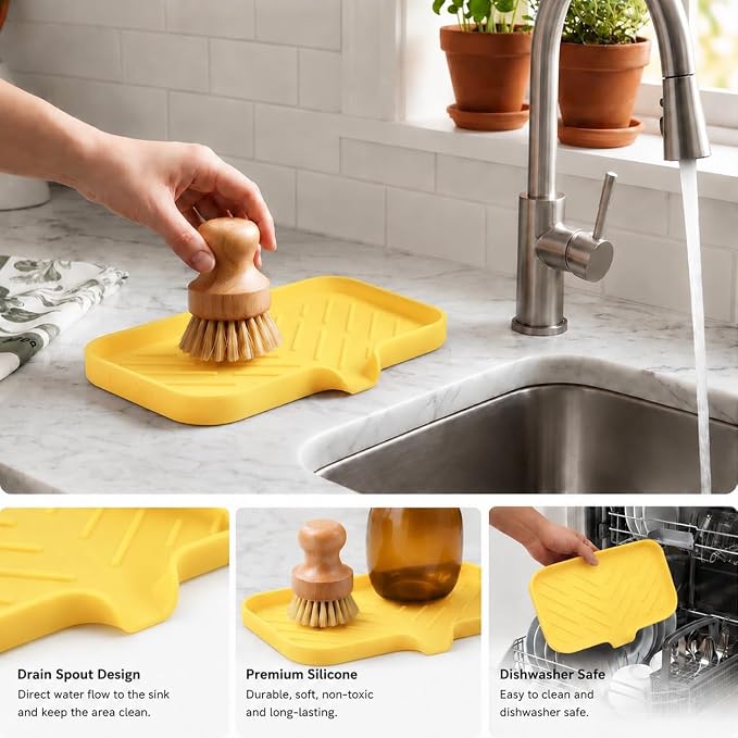 MicoYang Silicone Soap Dish with Drain Spout — Self-Draining Sink Organizer Tray for Bathroom & Kitchen, Sponges, Dispensers & Soap Holder, Non-Slip & Dishwasher Safe, Yellow (Medium, 9.6"×5.3")