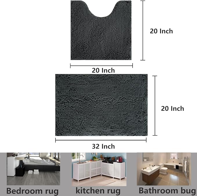 Bathroom Rug Sets 2 Piece, Extra Thick and Absorbent, Non-Slip, Machine Washable, Dry Quckily, Soft Cozy Plush, Used Under Shower Bathtub and Sink, Dark Grey