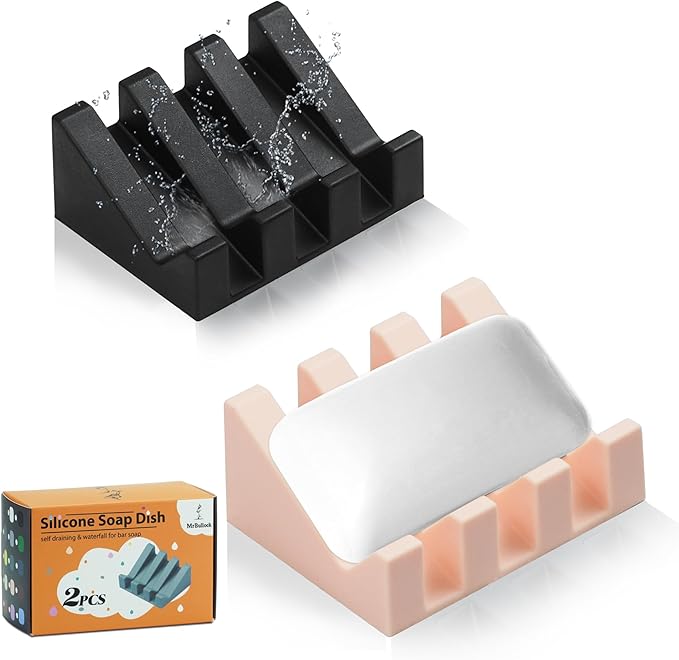 Self Draining Silicone Soap Dish Holder Waterfall Tray, 2 Pack Pink Black | Waterfall design drains fast to keep soap dry, non-slip silicone base anti slide, soap saver for bathroom & kitchen