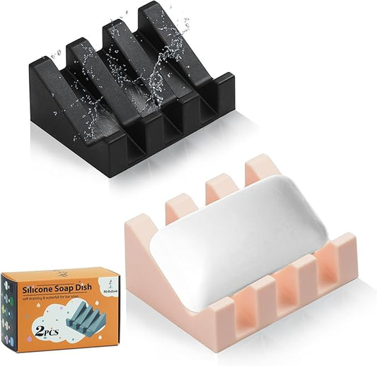 Self Draining Silicone Soap Dish Holder Waterfall Tray, 2 Pack Pink Black | Waterfall design drains fast to keep soap dry, non-slip silicone base anti slide, soap saver for bathroom & kitchen