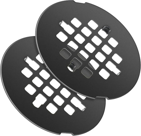 Enhon 2 Pack 4-1/4 Snap in Shower Drain Cover, Round Strainer Drain Grid, Bathroom Shower Grate Cap Replacement for Hair Catcher(Matte Black,Stainless Steel)