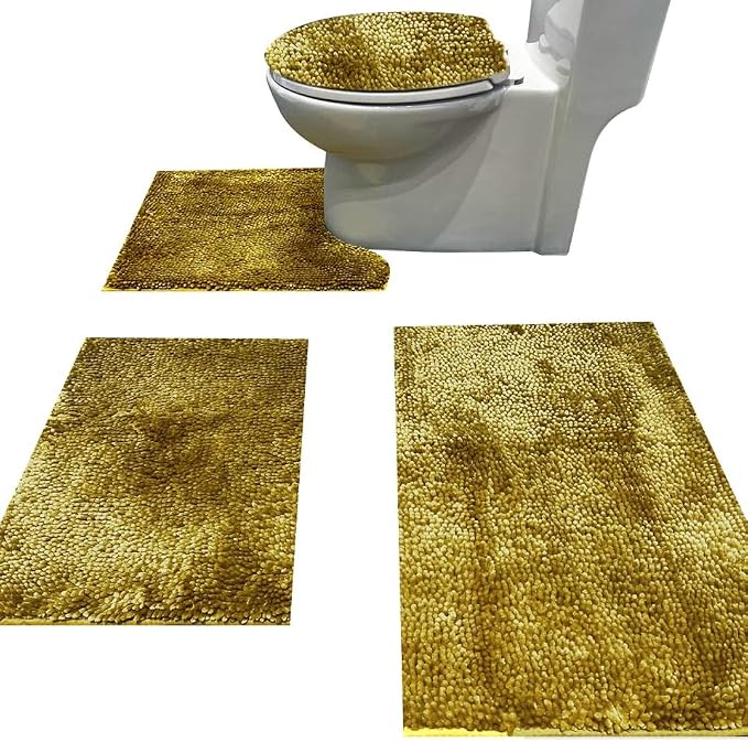 Madeals Bath Rug Set 4 Piece with Toilet Rug and Toilet Lid Cover Golden | Chenille,Shaggy,Non-Slip Backing,Soft,Fit,Absorbent, Comfort,3 Piece Bathroom Rug,Thickness,Quick Drying, Washable,