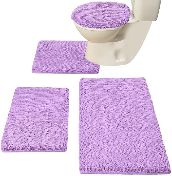 Madeals Chenille Bath Rug Set with Toilet Lid Cover and U-Shaped Toilet Floor Rug - Lavender