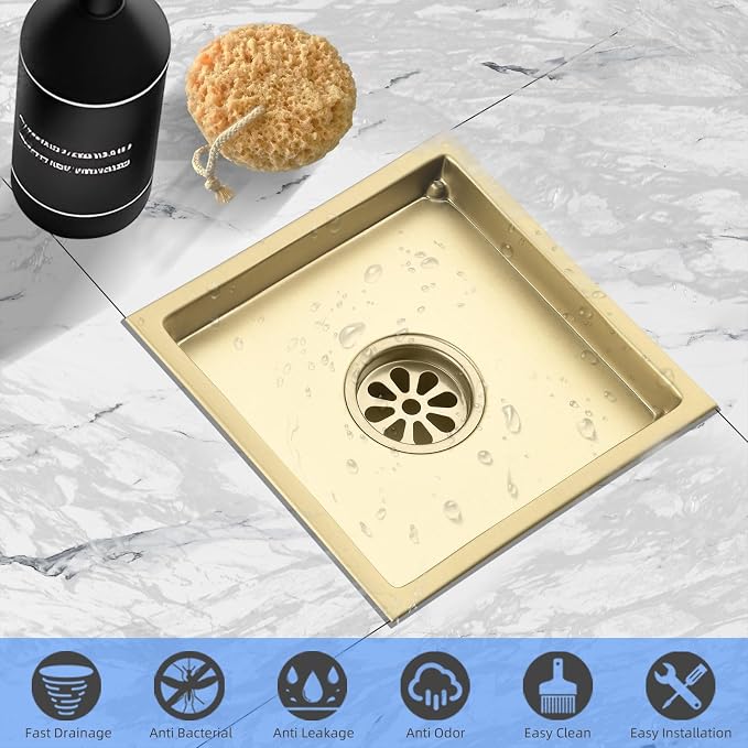 6 Inch Shower Drain 304 Stainless Steel Brushed Gold Square Shower Floor Drain Kit with Flange, Removable Cover Grille, Hair Filter for Bathroom, Kitchen, Balcony