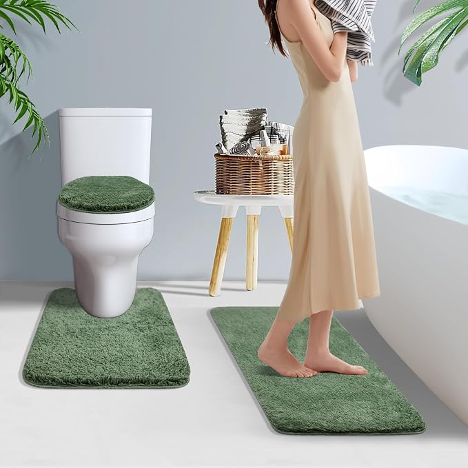 Bathroom Rugs Sets 3 Piece with Toilet Seat Cover 17.5"x 15" | Machine Washable Bath Rug Set with Tpr Non Slip Rubber Backing Solid Bath Mat Set for Luxury Bathroom Decoration