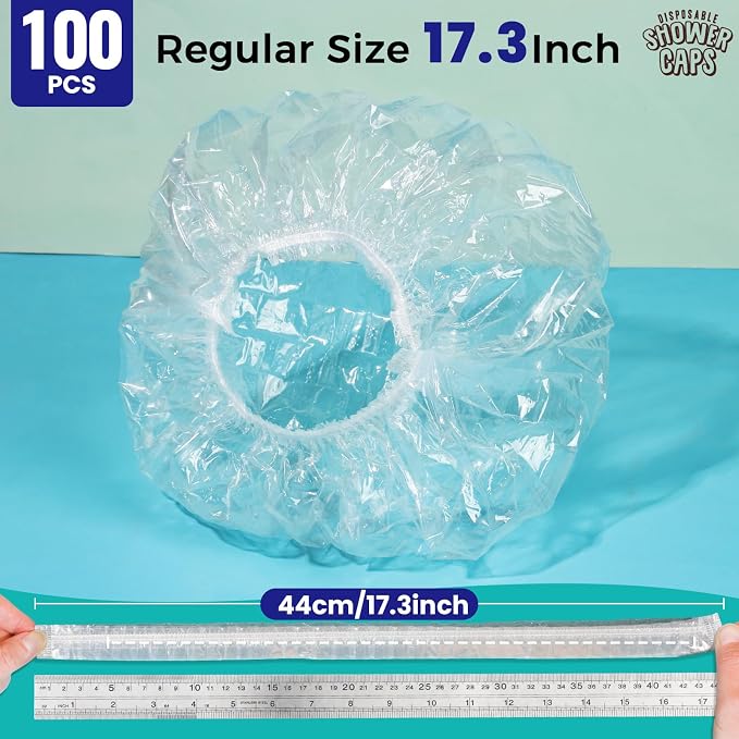 LEOBRO 100PCS Disposable Shower Caps, Shower Caps for Women Disposable, Clear Plastic Shower Cap, Plastic Hair Caps for Hair Treatment, Regular Size 17.3 INCH