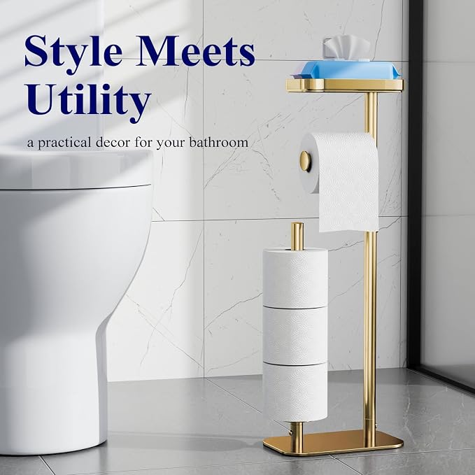 Kitsure Metal Toilet Paper Holder Free Standing, Medium, Chrome Gold | Rustproof Toilet Paper Stand for 4 Rolls, Bathroom Organizers and Storage with Anti-Slip Base and Plastic Shelf