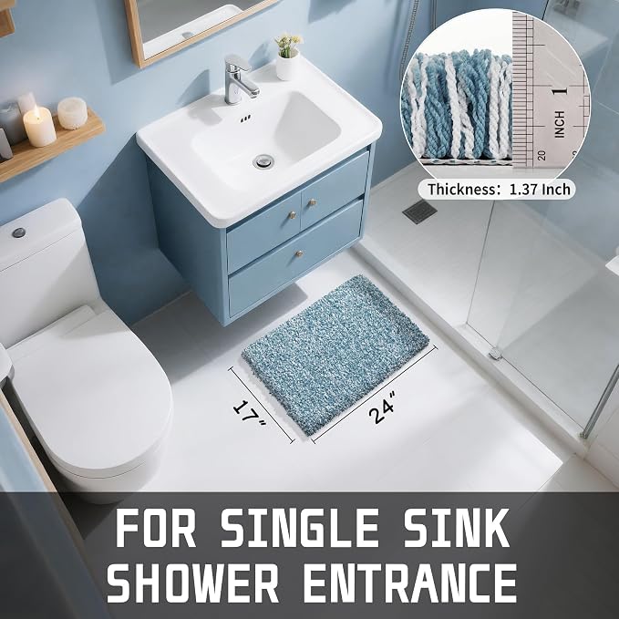 Yimobra Bathroom Rugs Non Slip Washable, Ultra Soft and Water Absorbent Bath Mats, Plush Fluffy Shower Mat Outside, Microfiber Thick Matts for Bathroom Floor/Sink, 24X17, Denim Blue and White