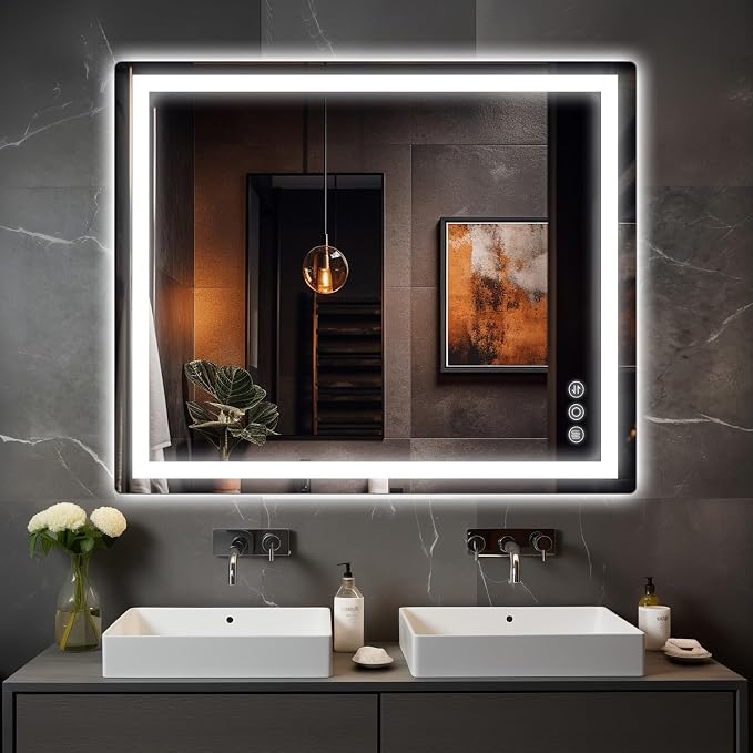 Memobarco 30" x 36" LED Bathroom Mirror with Lights, Memory Vanity Mirror | Anti-Fog, 3 Color Modes, Dimmable, Front Lit, Memory Function, Tempered Glass, Lighted Bathroom Mirror for Wall
