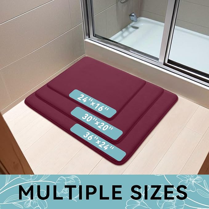 Smiry Memory Foam Bath Mat 30x20, Extra Soft and Absorbent Bathroom Rugs | Burgundy, Quick Dry Machine Washable Non-Slip Bath Mat for Bathroom Floor, Shower and Tub