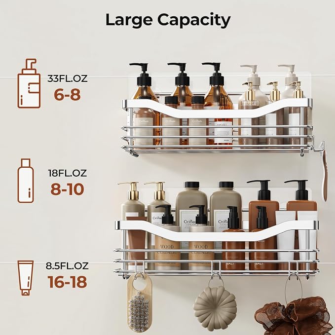 Orimade Shower Caddy Basket Shelf,3-Pack Adhesive Shower Organizer with Soap Dish Holder, No Drilling Wall Mounted Rustproof Stainless Steel Shower Shelves with 7 Hooks,for Bathroom
