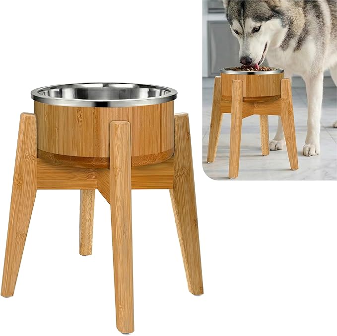 Elevated Dog Bowl for Mid-Large Breed, (12-Inch High, 64-oz) | Raised Food and Water Bowl with Stand, Flip-Resistant - Real Bamboo and Stainless Steel