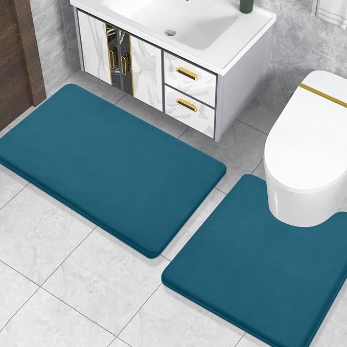 Smiry Memory Foam Toilet Rugs 20x20, Extra Soft Absorbent Bathroom Rugs | Peacock Blue, Quick Dry Machine Washable Non-Slip Contour Bath Mat for Toilet