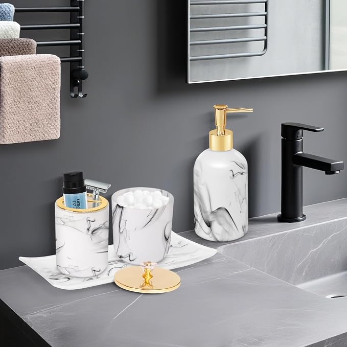 Haturi Bathroom Accessories Set, 4 Pcs Marble Look Sets Soap Dispenser & Toothbrush Holder Counter Top Restroom Apartment Decor Stuff, Glass Kits, Gift for Women and Men, Ink White | Kit w/ Bathroom Soap Dispenser Set, Toothbrush Holder, Qtip Holder, S...