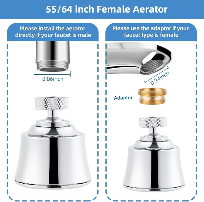 Hygie Rinse Kitchen Sink Faucet Head Replacement, 4 Spray Faucet Sprayer Attachment with Big Angle Swivel, 55/64-27UNS Famale Thread, Male Thread Adapter Included, Chrome