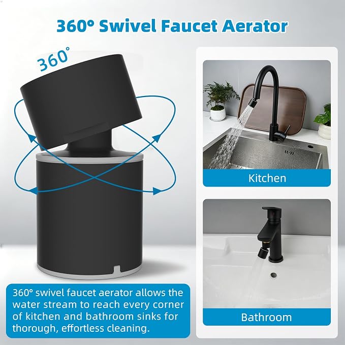 Hibbent NSF/ANSI/CAN 61 Certified Kitchen Faucet Aerator, CUPC Certification 360-degree Swivel Sprayer 2 Water Flow Sprayer Modes Faucet Extender-55/64Inch-27UNS Female Thread, Matte Black