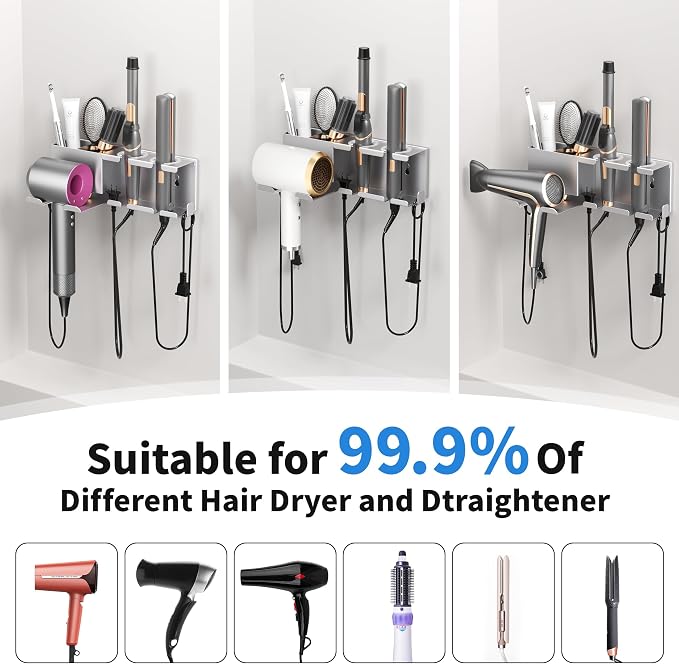 Hair Dryer Holder, Hair Tool Organizer, Blow Dryer Hanger Wall Mount for Dryer Hook, Bathroom Space-Saving Blow Dryer Organizer, Curling Irons Storage Wall Mounted (Gray)