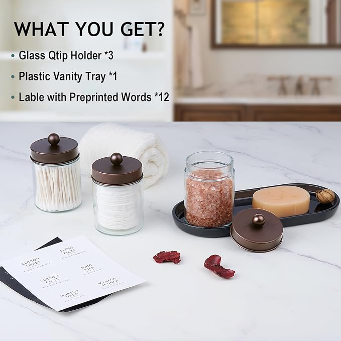 SheeChung 3 Pack Glass Apothecary Jars with Acrylic Vanity Tray | Bathroom Jars with Lids Set with for Qtip, Cotton Ball, Floss Picks - Modern Industrial Style - Bathroom Organizer (Bronze)
