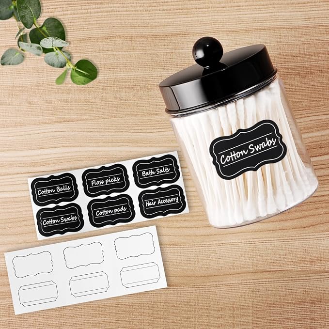 Amolliar Acrylic Apothecary Jar Bathroom Qtip Holder Black 4 Pack | for Bathroom Storage Vanity , Countertop, Farmhouse Style, Holds Cotton Swabs, Dental Floss, Makeup Sponges,Home Decor