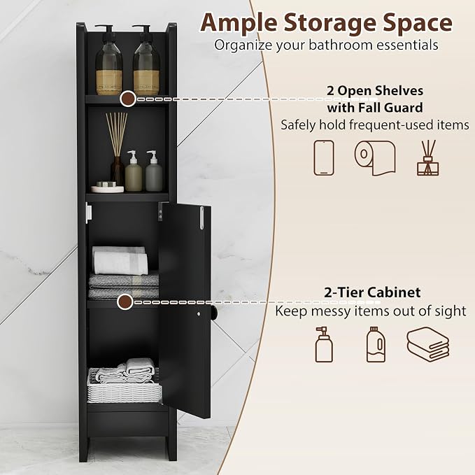 GIANTEX Bathroom Cabinet, Narrow Side Cabinet with Adjustable Shelf, Bathroom Cabinet, Space Saving, Storage Cabinet for Laundry Room, Living Room & Kitchen, 20 x 18 x 80 cm (Black)
