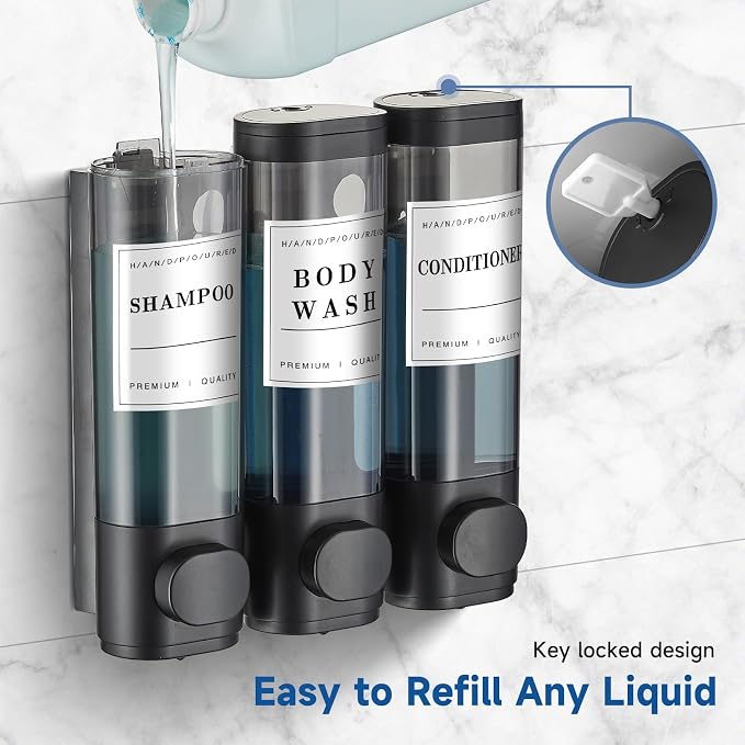 3 Chamber Wall-Mounted Shampoo and Conditioner Dispenser for Shower - No Drill, Large Capacity Soap Dispenser for Bathroom and Hotel, Black
