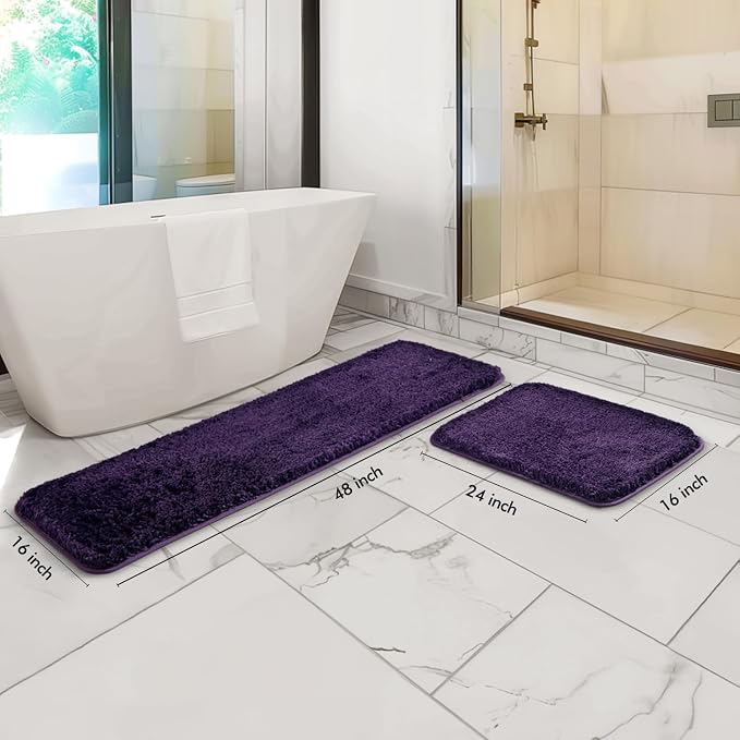 MIULEE Dark Purple Bathroom Rugs Set 2 Piece Soft Bath Mats 16x24+16x48 in | Soft Absorbent Microfiber Bath Rugs, Non Slip, Quick Dry, Fluffy Bath Rugs for Bathroom Floor Tub Showers, Machine Washable