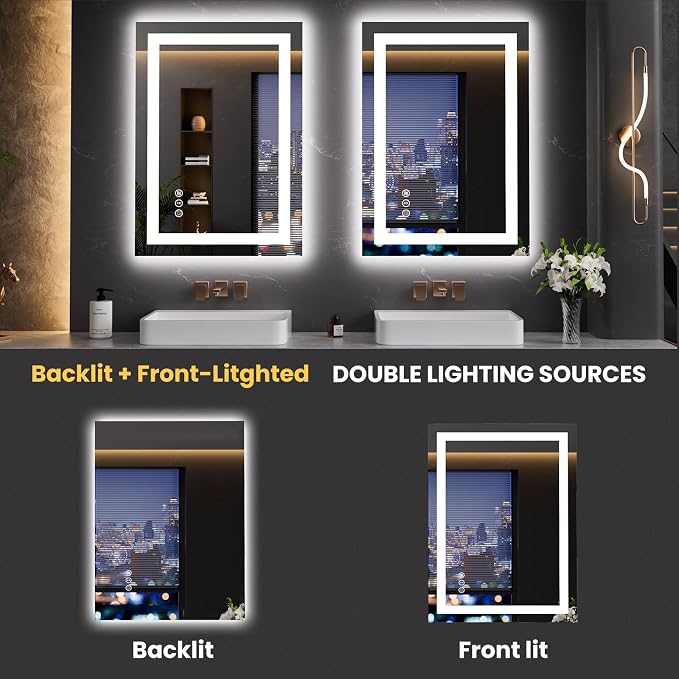 LOAAO 20"X28" LED Bathroom Mirror with Lights, UL Listed | Anti-Fog, Dimmable, 3 Color Temperature, Backlit + Front Lit, Memory Function, Tempered Glass