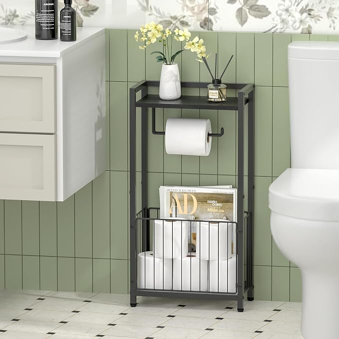 Freestanding Toilet Paper Holder with Storage Shelf | Bathroom Tissue Stand with Space for Phone, Tablet, and Magazines – All-in-One Toilet Roll Dispenser and Organizer