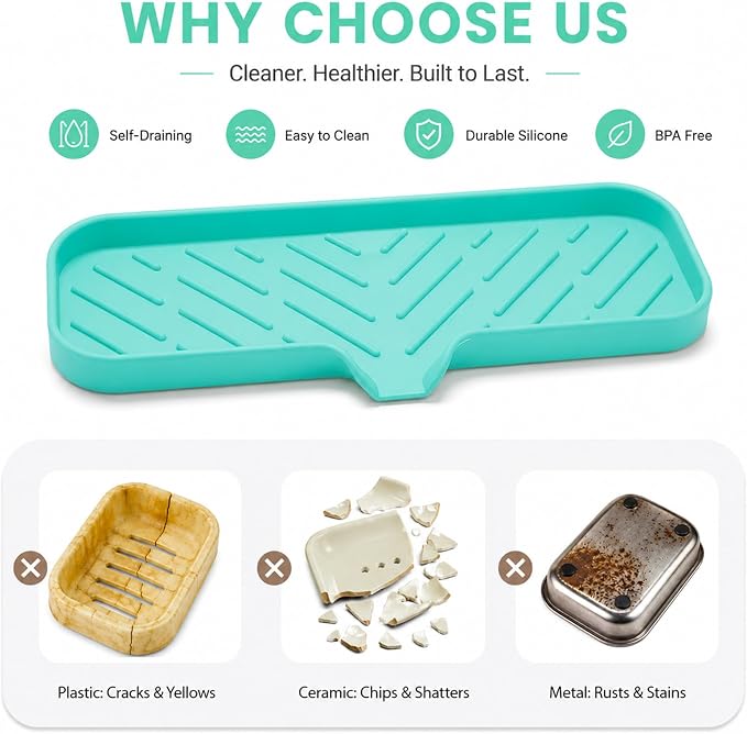 MicoYang Silicone Soap Dish with Drain Spout — Self-Draining Double Sink Organizer Tray for Kitchen & Bathroom, Dispensers, Sponges & Soap Holder, Non-Slip & Dishwasher Safe, Mint (Large, 12"×4")