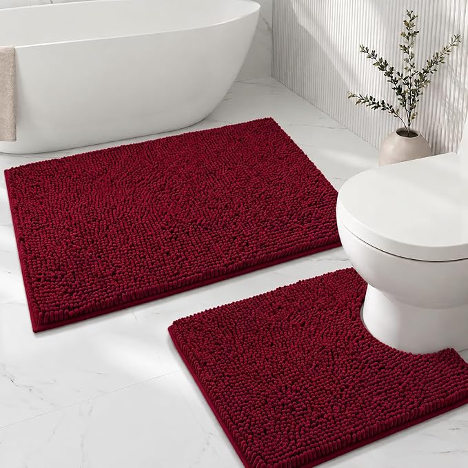 Bathroom Rugs Sets 2 Piece,Super Absorbent Soft,Thick,Machine Washable Chenille Bath Mat,Non Slip Toilet Floor Rug,Bath Mats for Bathroom,20x32 Plus 20x20 U Shape,Burgundy