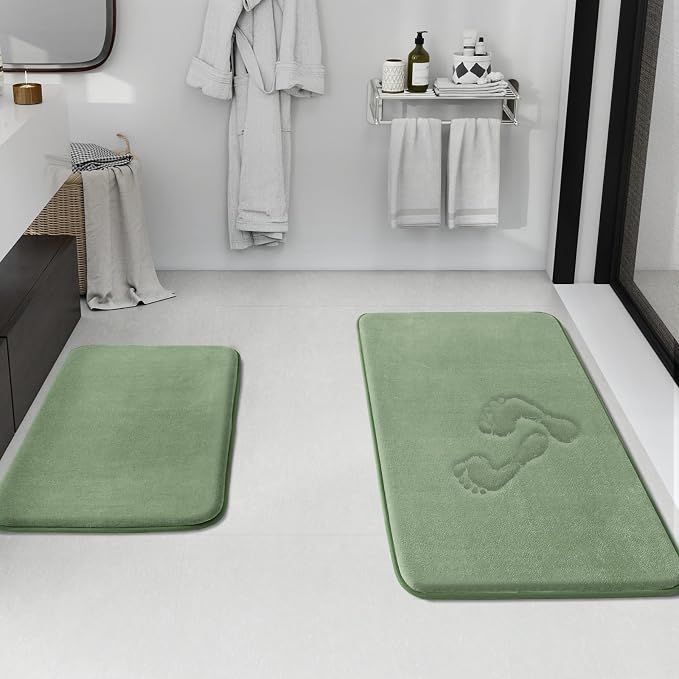 Bathroom Rugs Sets 2 Piece, Non-Slip & Quick Dry Bath Mat Set, Ultra Soft Velvet Bath Rugs for Bathroom, Toilet and Shower Floor, Grey Green