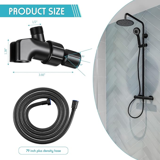 Mimorou 79 Inch Stainless Steel Shower Hose with Adjustable Arm Holder Shower Head Adjustable Replacement Hose Head Holder for Wall (Stylish Style, Black)