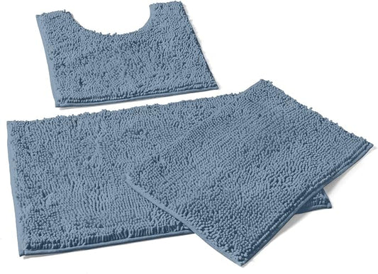 LuxUrux 3-Piece Bathroom Rug Set – Plush Chenille Bath Mats & U-Shaped Toilet Mat, Ultra-Soft, Absorbent & Non-Slip (20x20 U, 16x24 & 20x30 inches, Sky Blue)