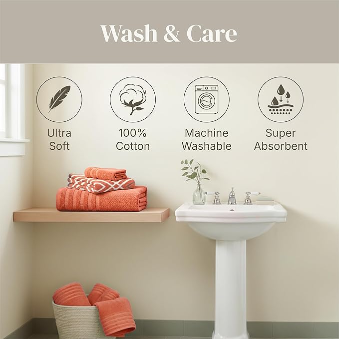 Modern Threads 6 Piece Bath Towel Set – Bathroom Set with 2 Bath Towels, 2 Hand Towels, and 2 Wash Cloths – 100% Cotton, Super Absorbent & Extra Soft – Reversible Classic Diamond (Rust Orange)